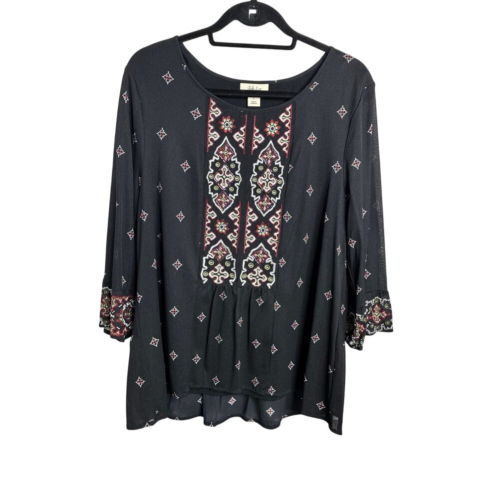 Style & Co Women's Black Large Boho Tunic Blouse Top Embroidered Festival Hippie